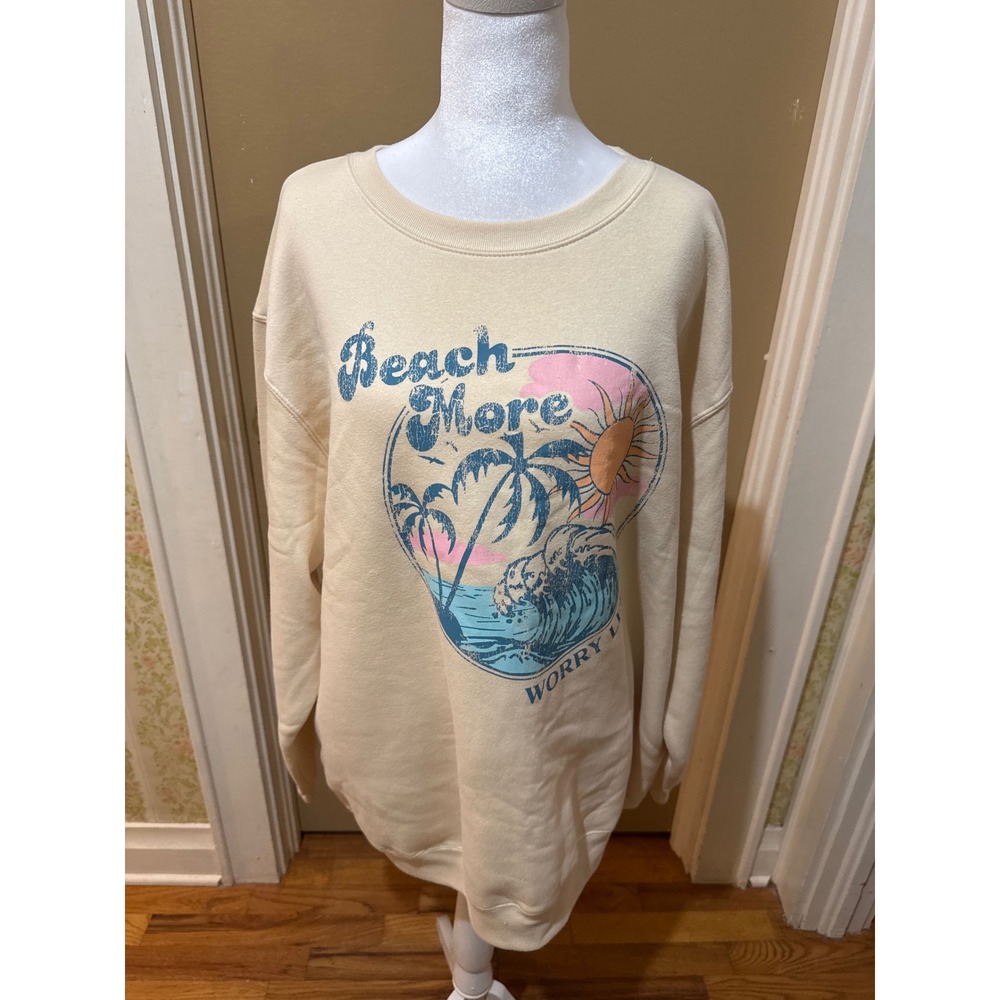 Freeze Sweatshirt Womens Cream Beach More Worry Less Graphic Pullover 2X